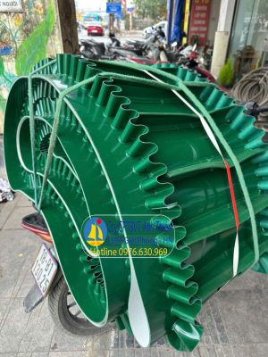 Băng tải PVC xanh trơn 4mm, dán bèo 2 bên , có gân T vát tải Chè